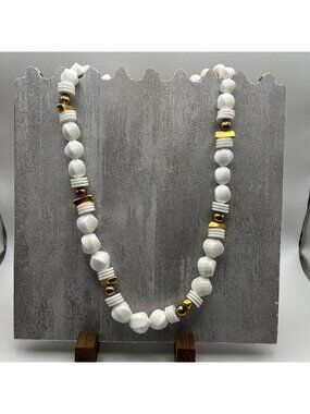 Vintage White & Gold Beaded Necklace With Geometric Accents Lobster Clasp Closur